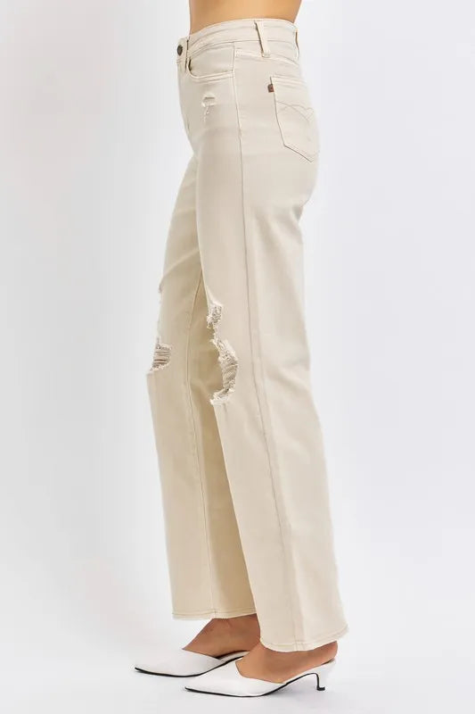 Judy Blue Full Size High Waist Distressed Wide Leg Jeans - cas7m