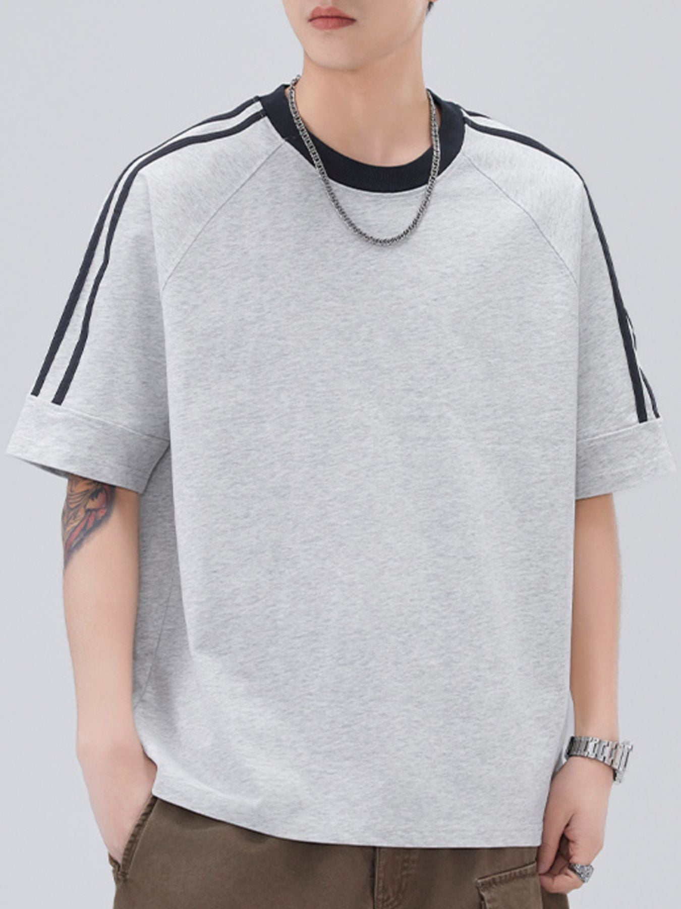 Men's Plus Size Striped Trim Casual T-Shirt - cas7m