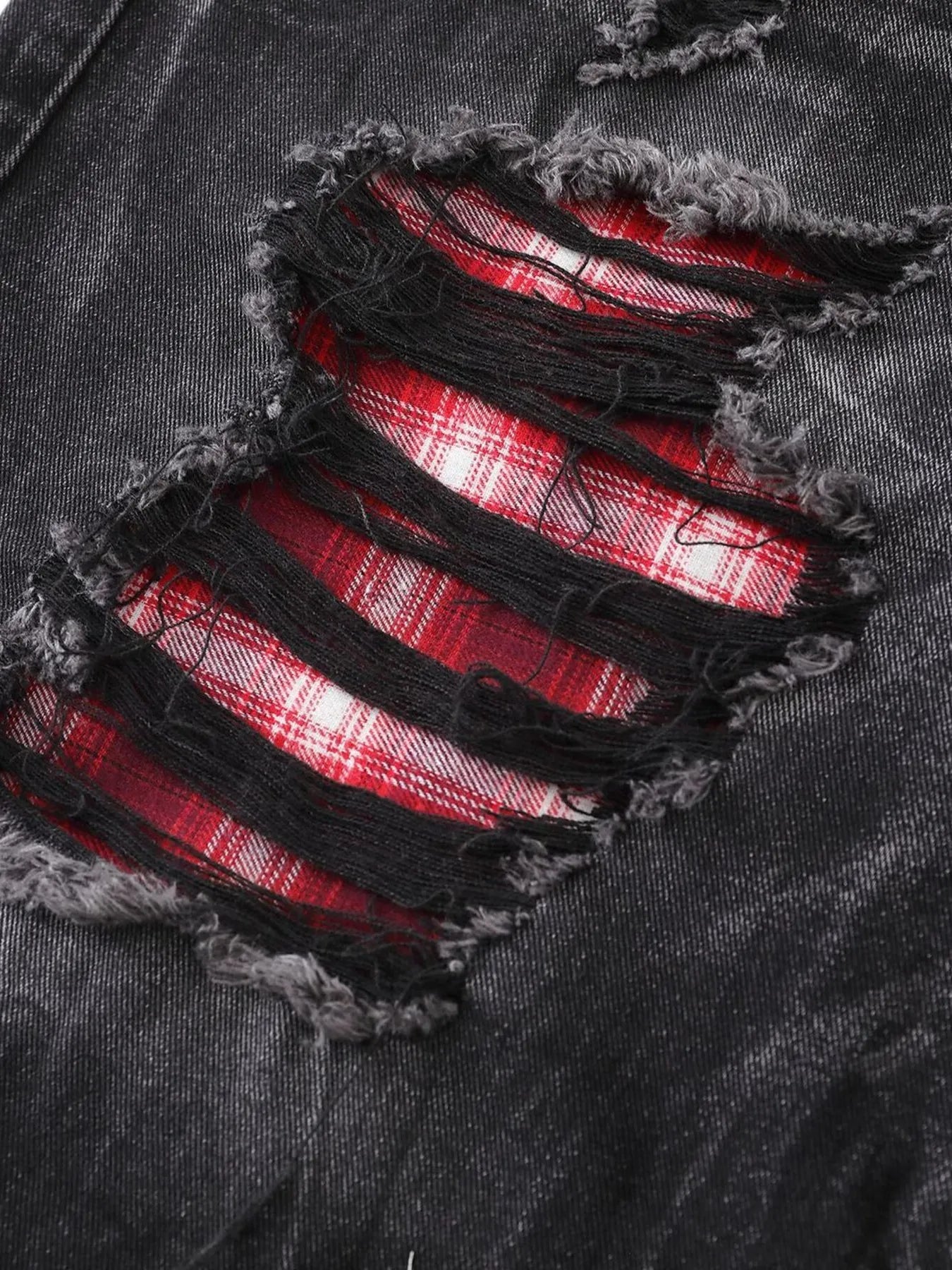 Men's Distressed Denim Shorts with Plaid Patches - cas7m