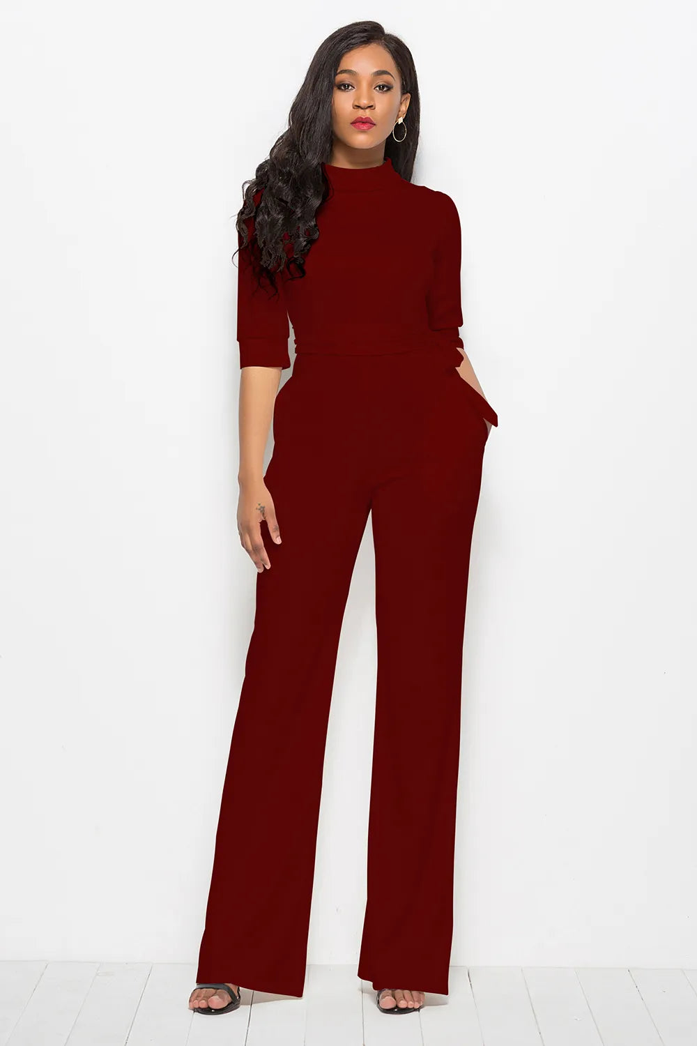 Mock Neck Tie-Waist Half Sleeve Jumpsuit - cas7m
