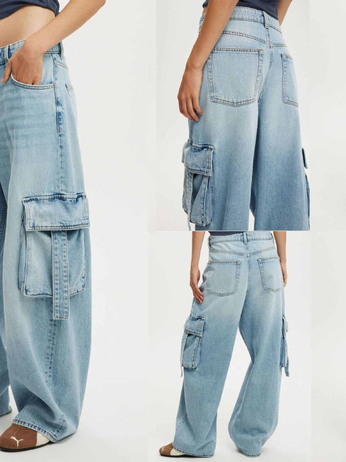 Vintage Wash Wide Leg Cargo Jeans - cas7m