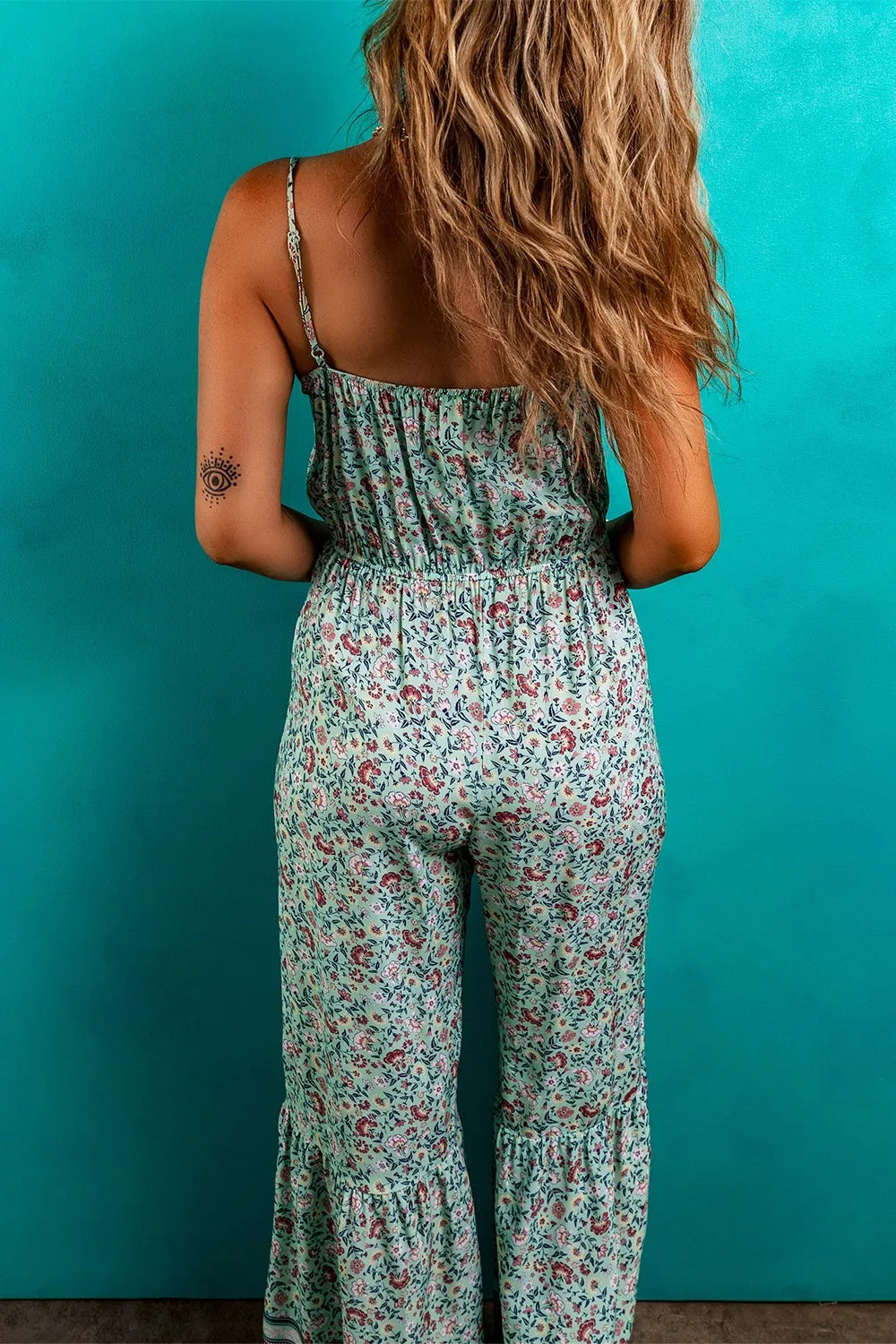Bohemian Floral Ruffle Bottom Spaghetti Strap Jumpsuit - cas7m