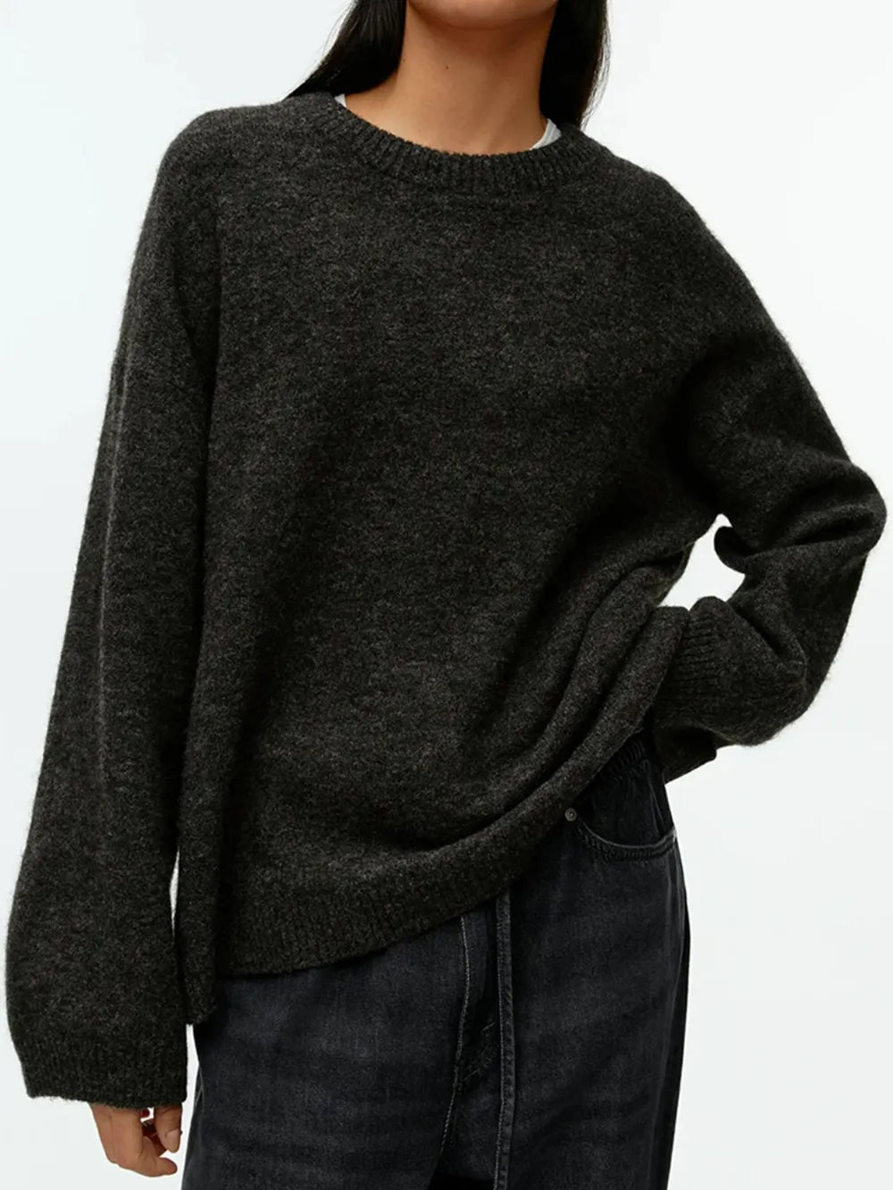 Round Neck Drop Shoulder Sweater - cas7m