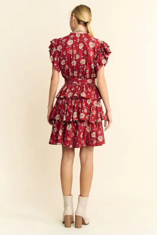 Davi & Dani Ruffle Flutter Sleeve Tie Belt Tiered Mini Dress - cas7m