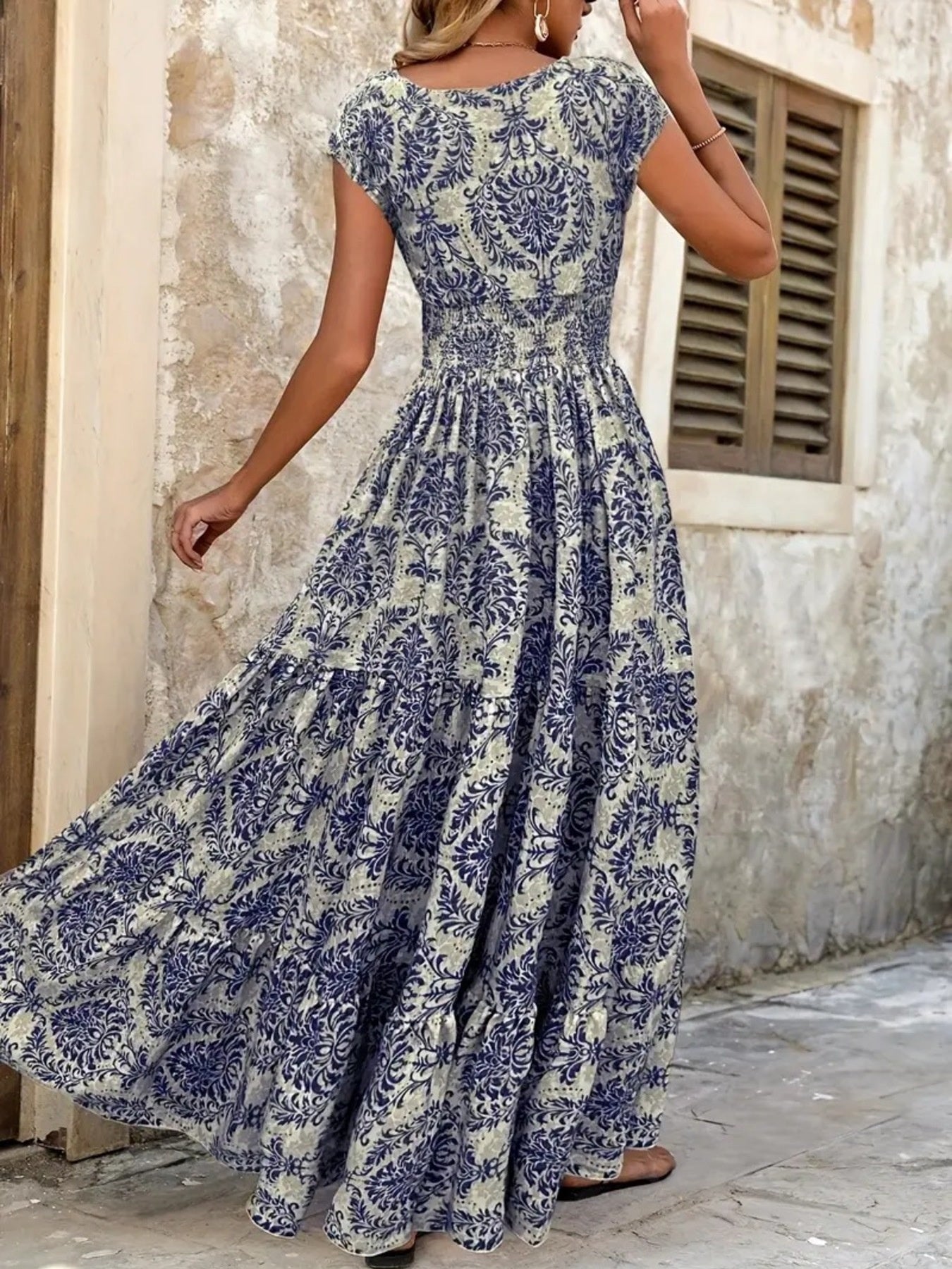 Printed Cap Sleeve Maxi Dress - cas7m