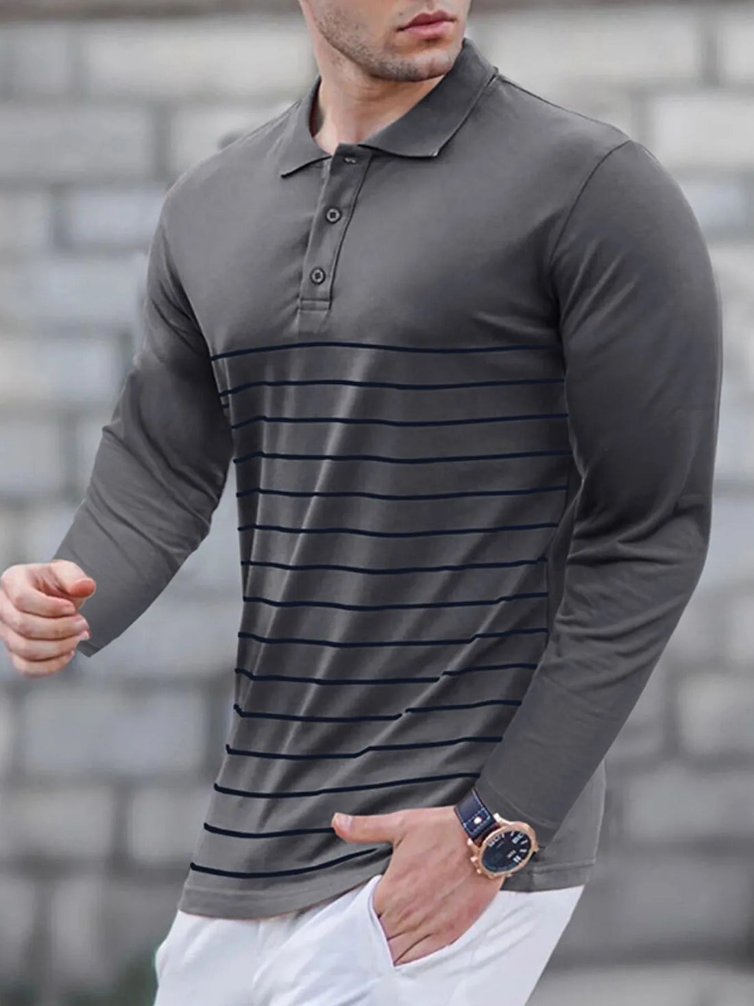 Men's Striped Long Sleeve Polo Shirt - cas7m