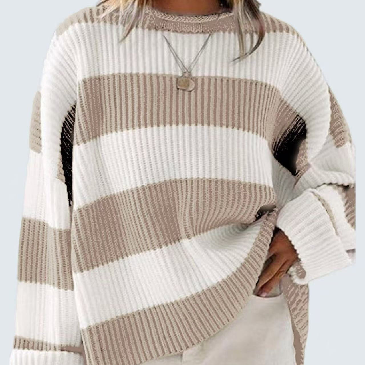 Loose Striped Sweater Fashion Casual Long Batwing Sleeve Round Neck Pullover Knit Tops Women Clothing - cas7m