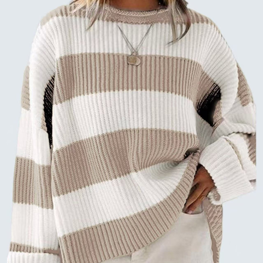 Loose Striped Sweater Fashion Casual Long Batwing Sleeve Round Neck Pullover Knit Tops Women Clothing - cas7m