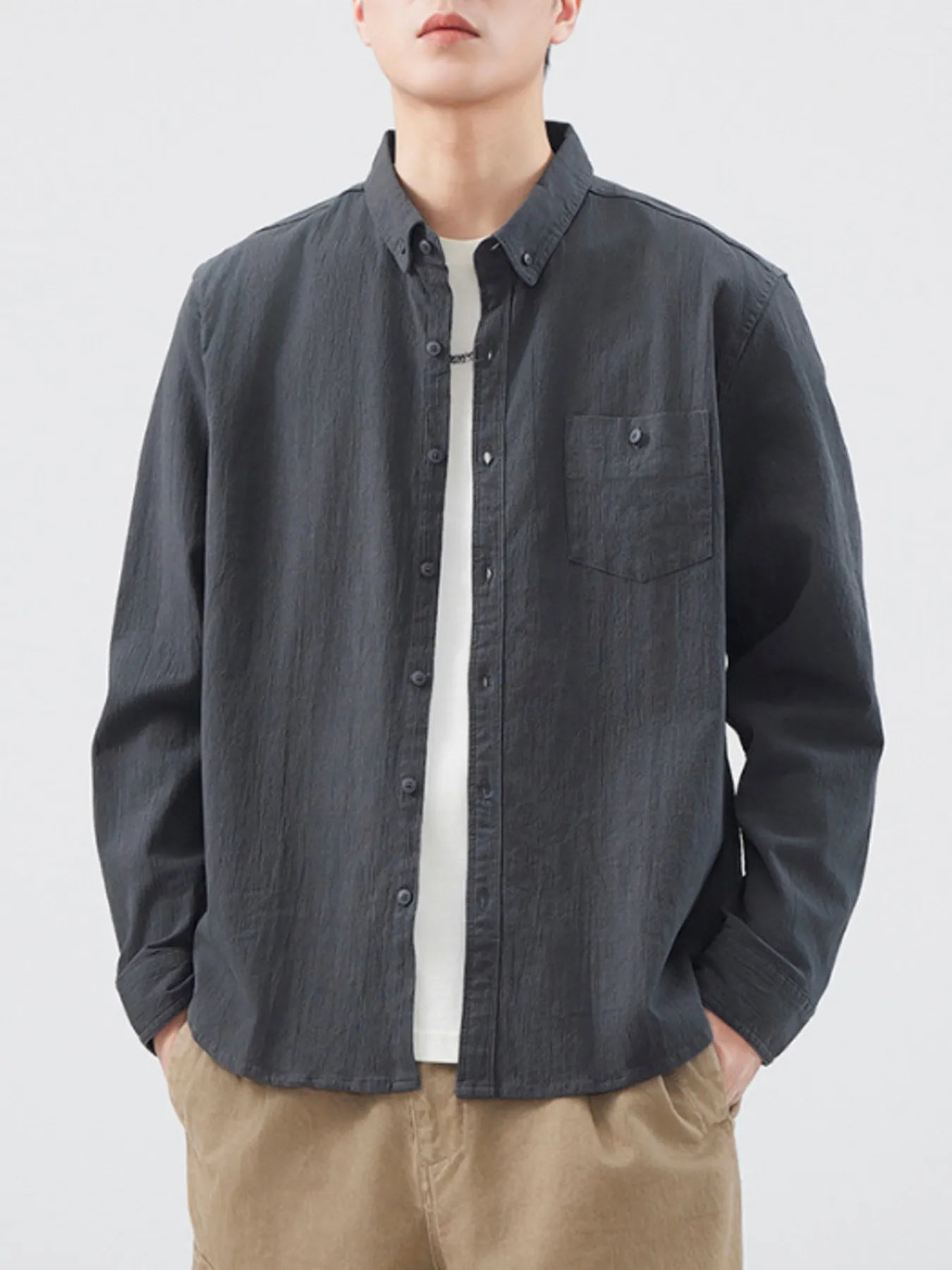 Men's Plus Size Button Up Long Sleeve Shirt - cas7m