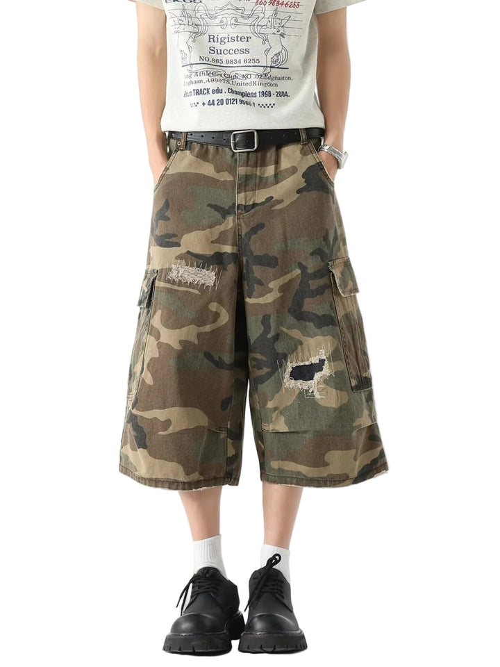 Men's Full Size Distressed Camouflage Denim Shorts Plus Size - cas7m