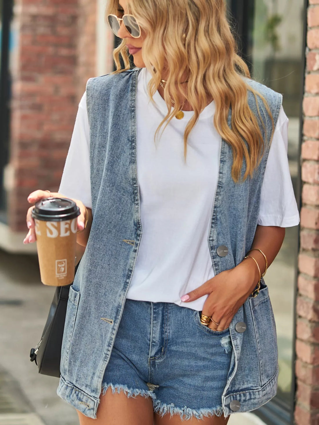 Sleeveless Button-Down Denim Jacket Vest - cas7m
