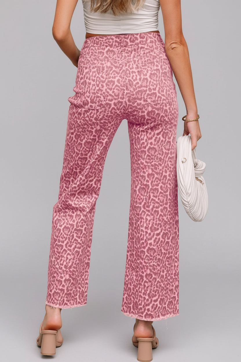 Leopard Frayed Edge Wide Leg High Waist Jeans - cas7m