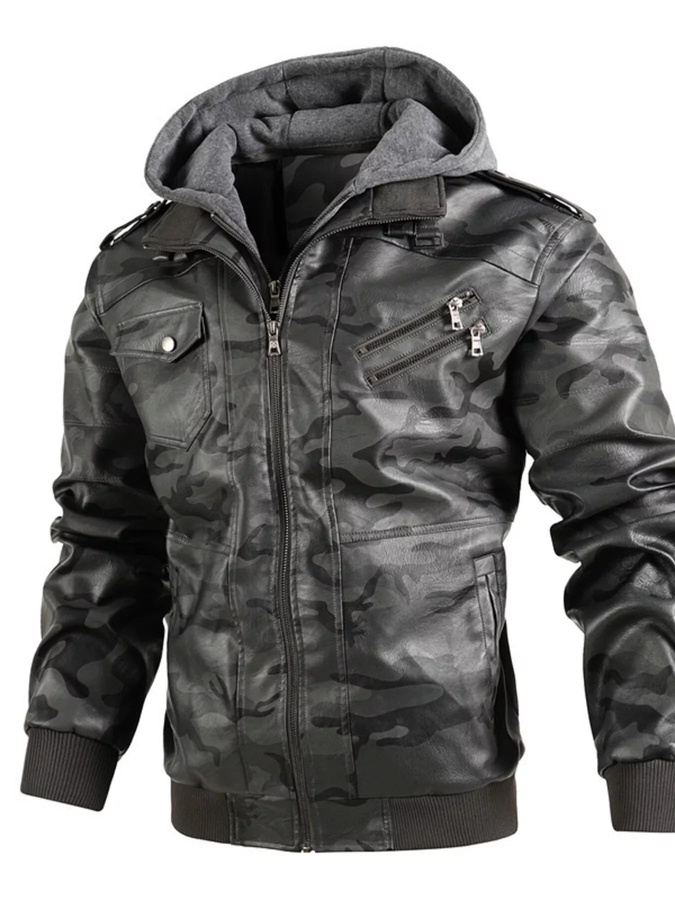 Men's Full Size Camouflage Hooded Faux Leather Jacket Plus Size - cas7m