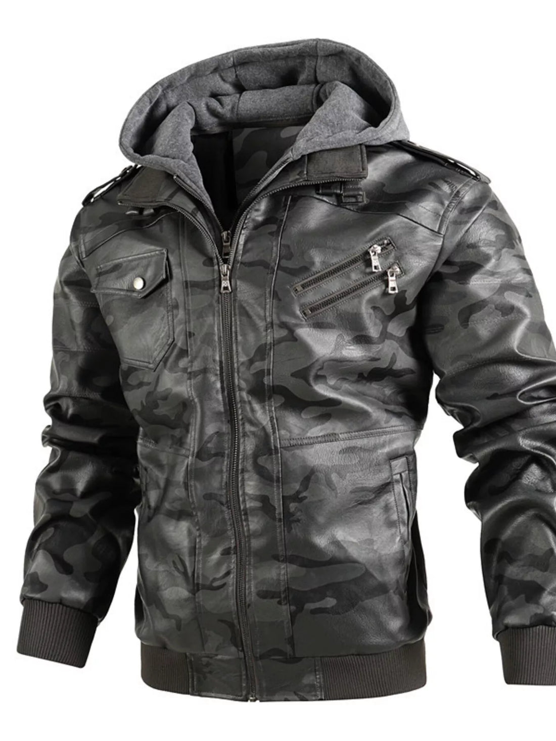 Men's Full Size Camouflage Hooded Faux Leather Jacket Plus Size - cas7m