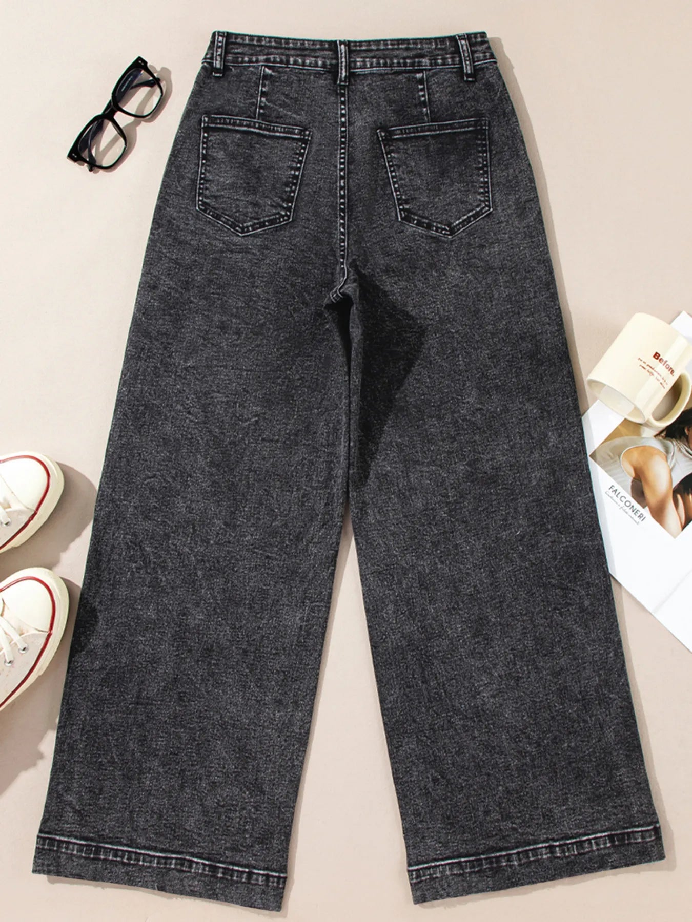 High-Waisted Wide Leg Washed Jeans - cas7m