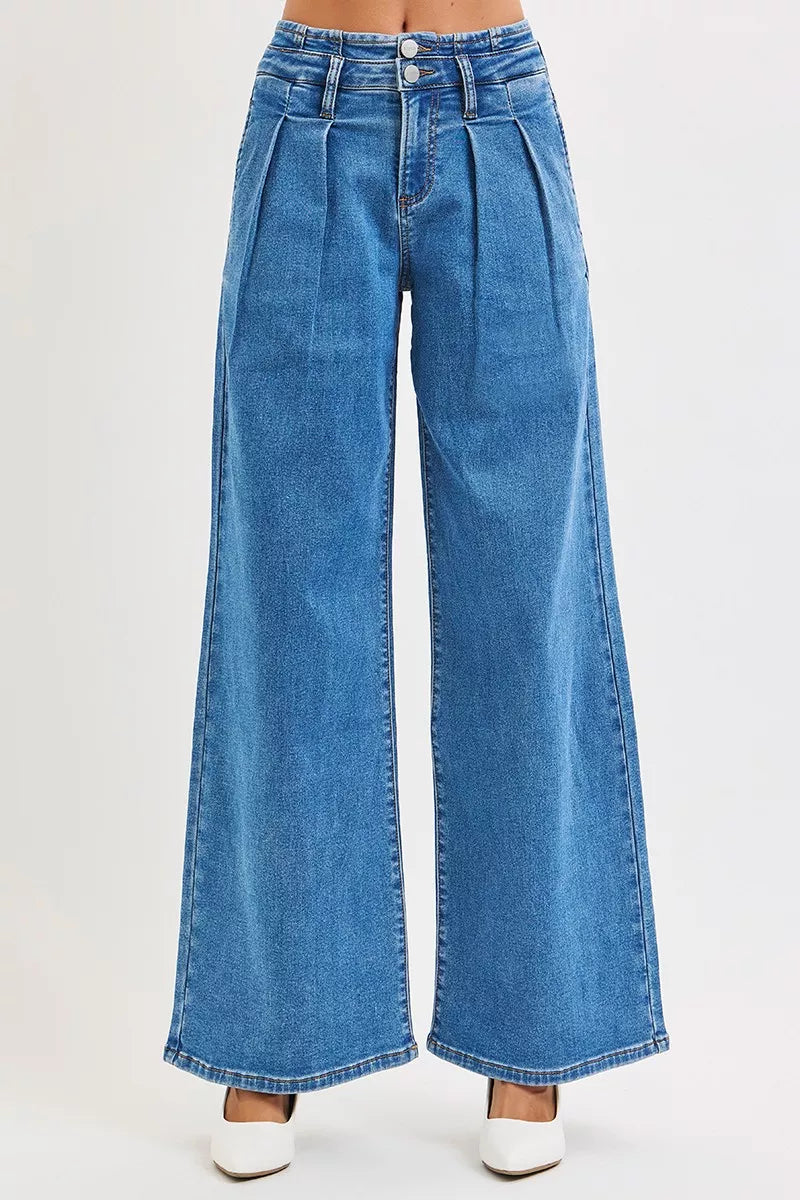 RISEN Full Size Mid Rise Fit Wide Leg with Pleated Detail Jeans Plus Size - cas7m