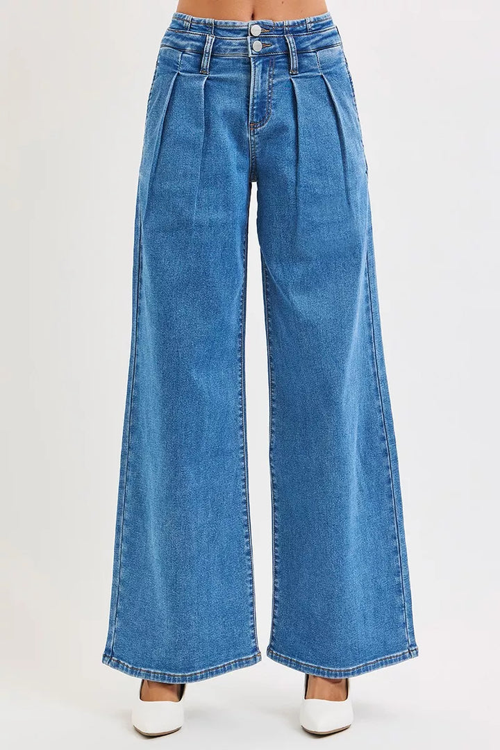 RISEN Full Size Mid Rise Fit Wide Leg with Pleated Detail Jeans Plus Size - cas7m