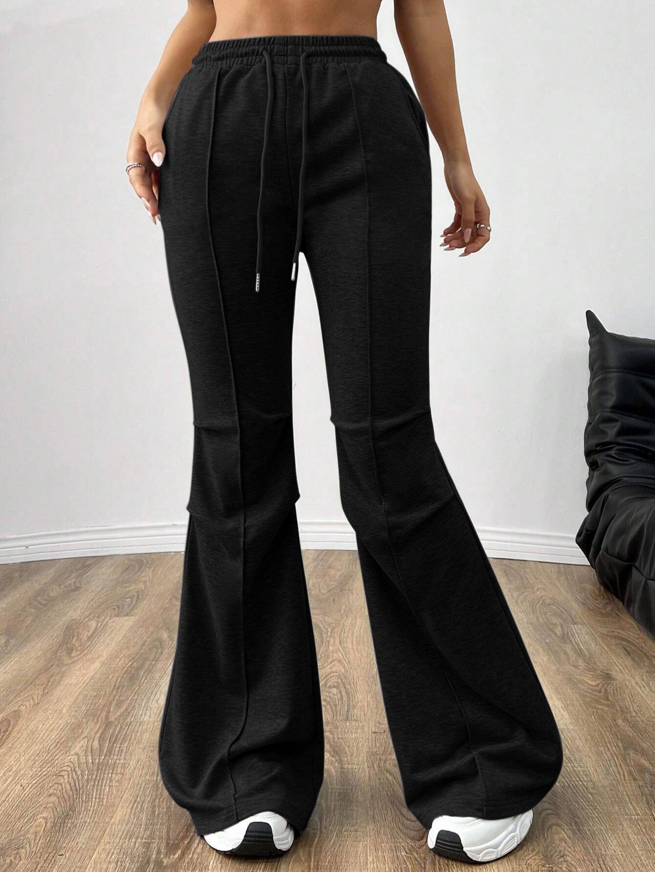 Simple Casual Pants Drawstring Elastic Waist Wide Leg Trousers - cas7m
