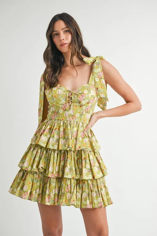 MABLE Floral Print Shoulder Tie Layered Mini Dress - cas7m