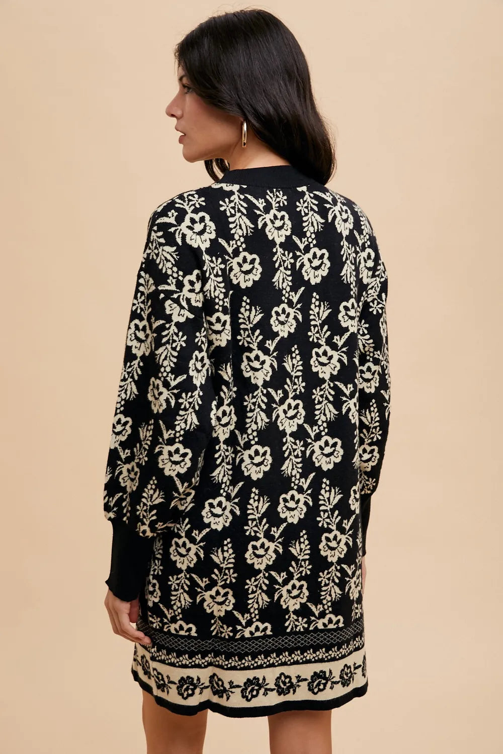 Annie Wear Floral Jacquard Round Neck Sweater Dress - cas7m