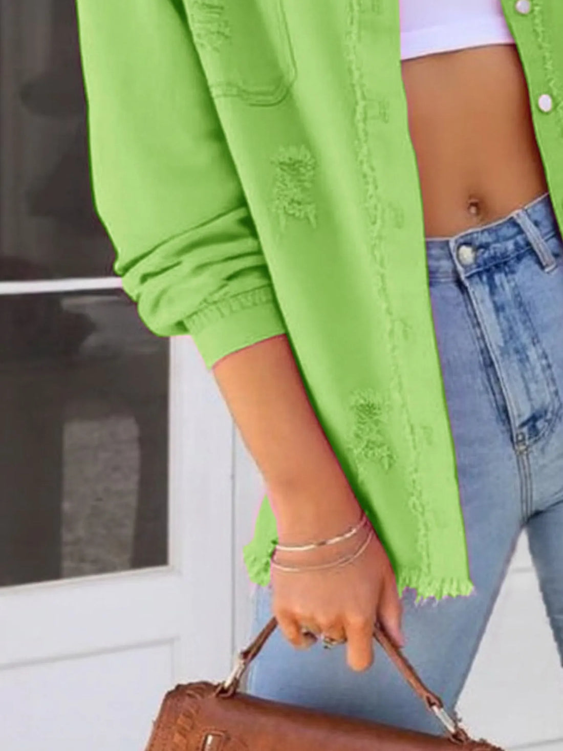 Distressed Denim Jacket with Frayed Edges - cas7m