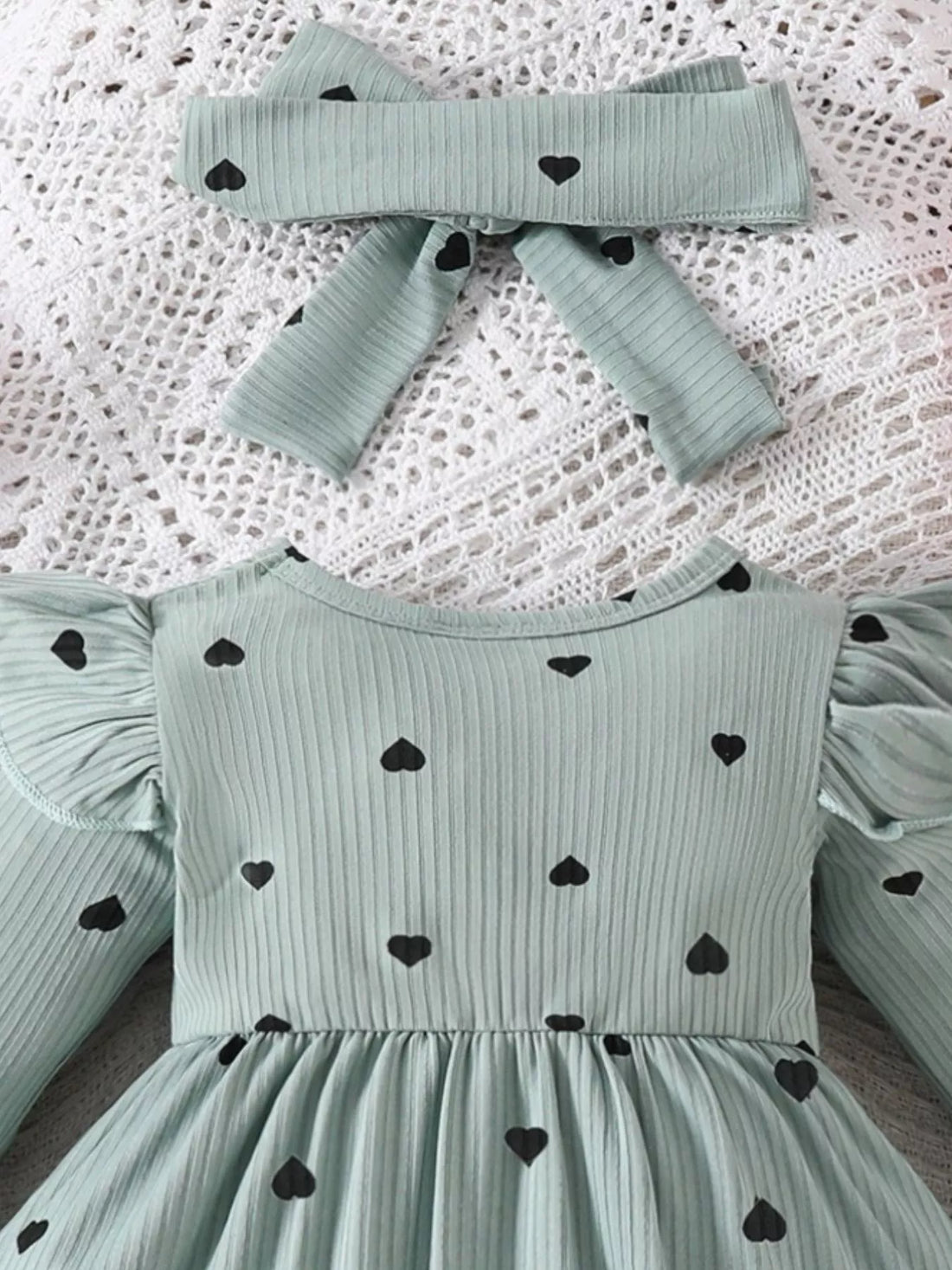 Children's Heart Print Ruffle Trim Bodysuit Dress with Headband - cas7m