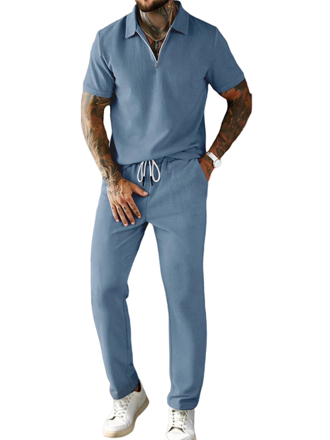 Men's Full Size Casual Zipper Polo Shirt and Drawstring Pants Set Plus Size - cas7m