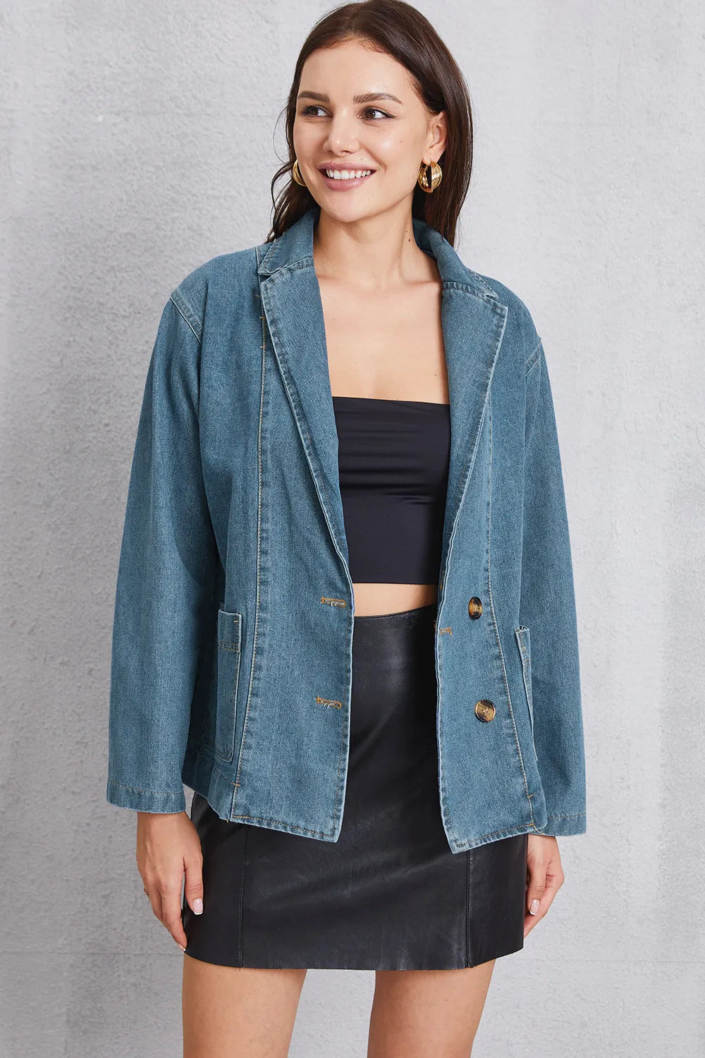 Pocketed Button Up Denim Jacket - cas7m