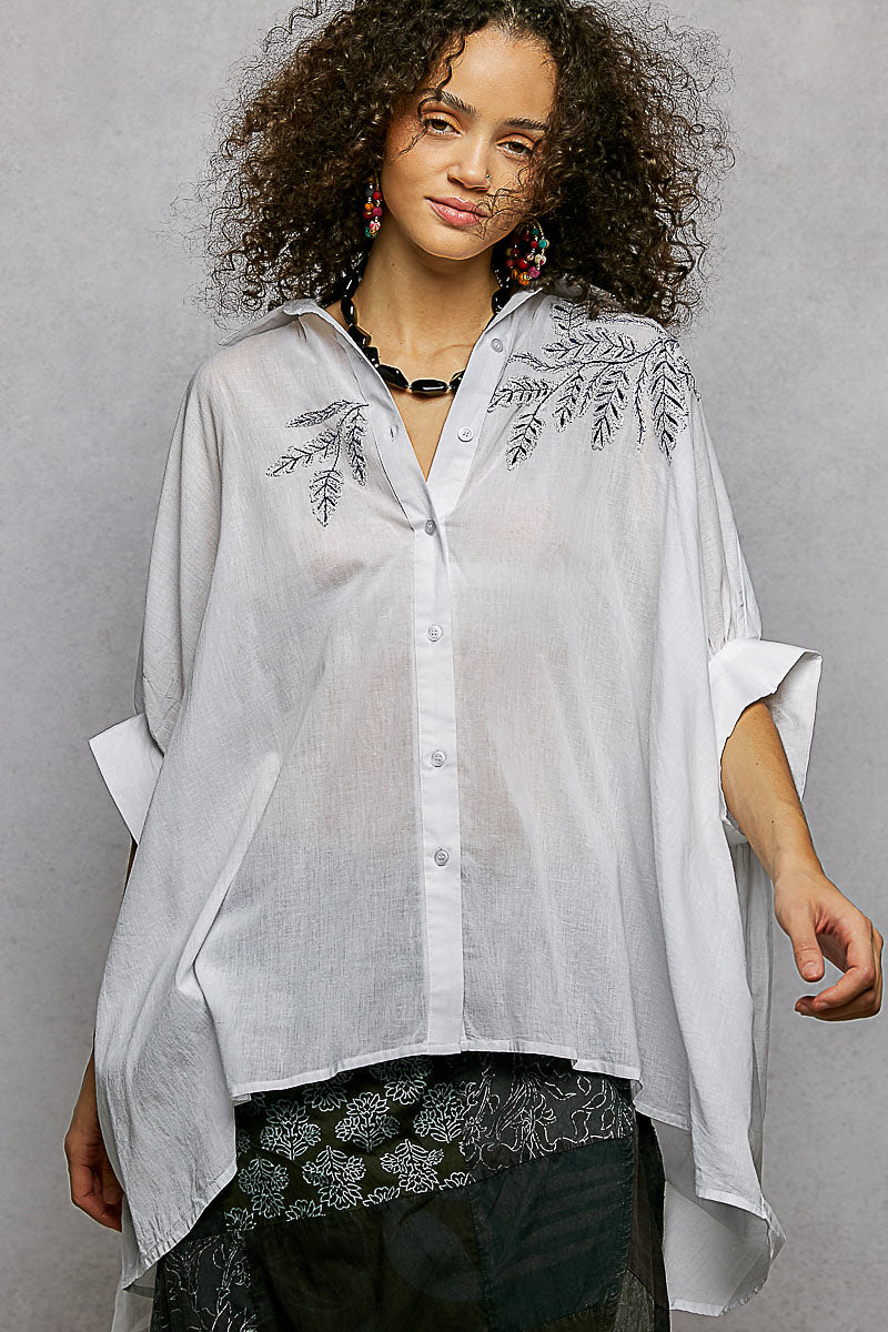 POL Button Down Embroidered Floral High-Low Hem Shirt - cas7m