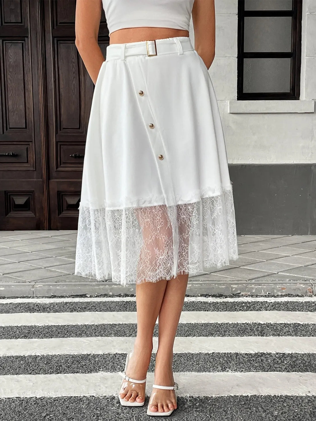 Lace Hem Detail Midi Skirt - cas7m