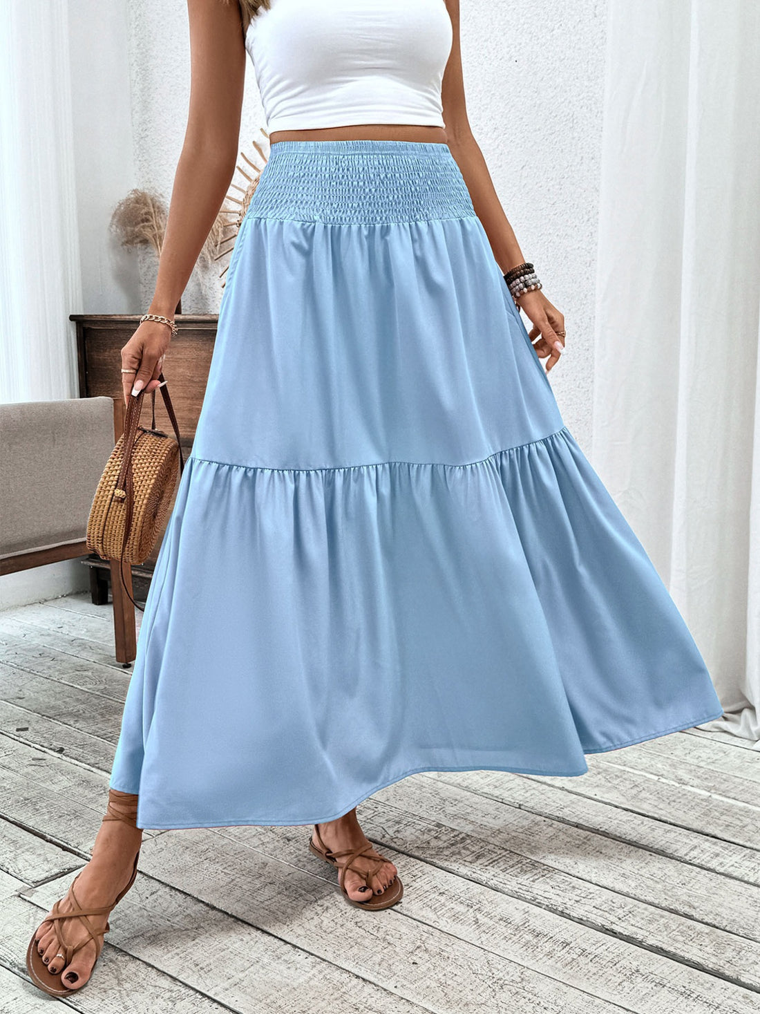 Smocked Waist Tiered Skirt - cas7m