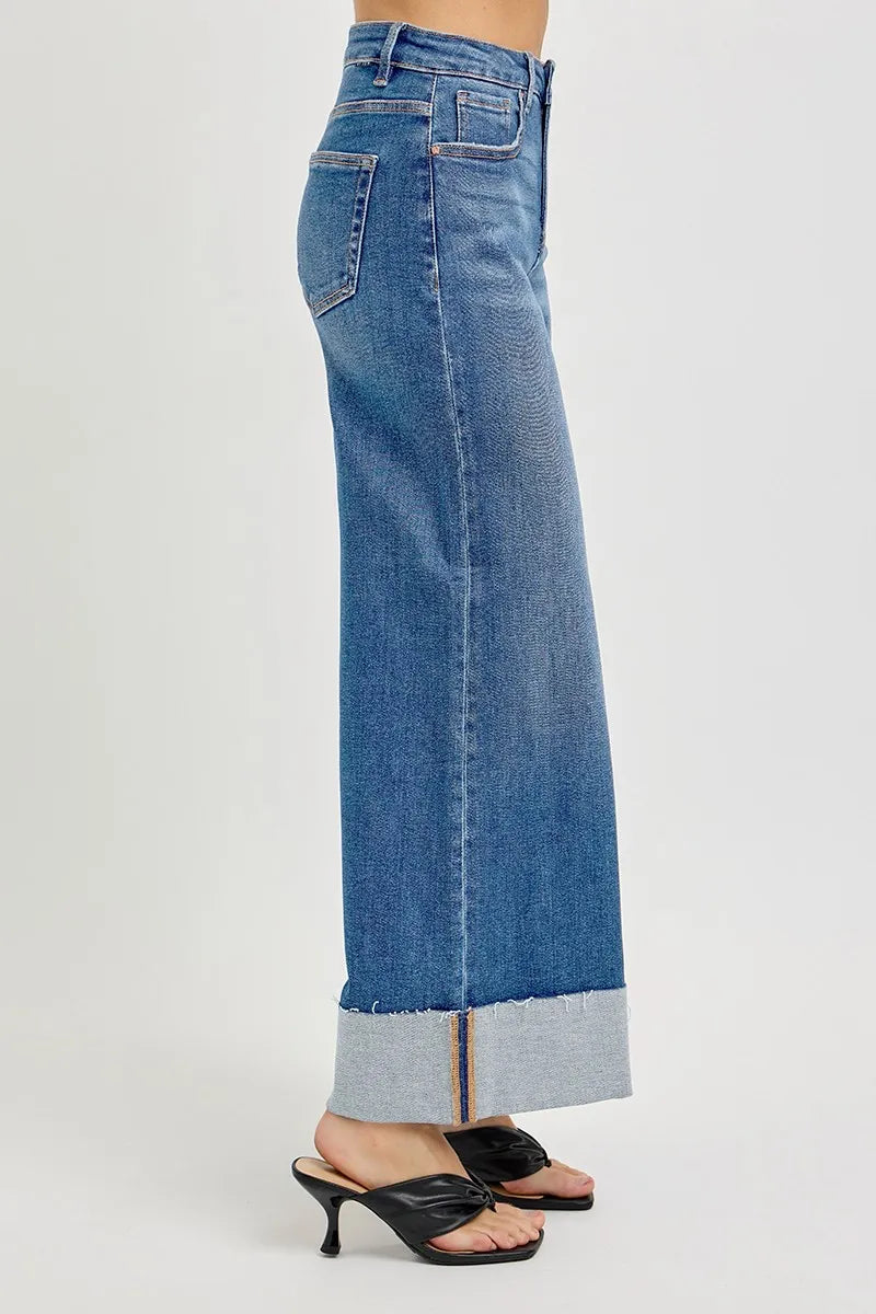 RISEN Full Size Tummy Control High Rise Crop Wide Cuffed Jeans Plus Size - cas7m