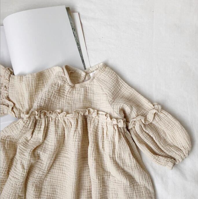 Girls' Cotton And Linen Bubble Long Sleeve Korean Style Dress - cas7m