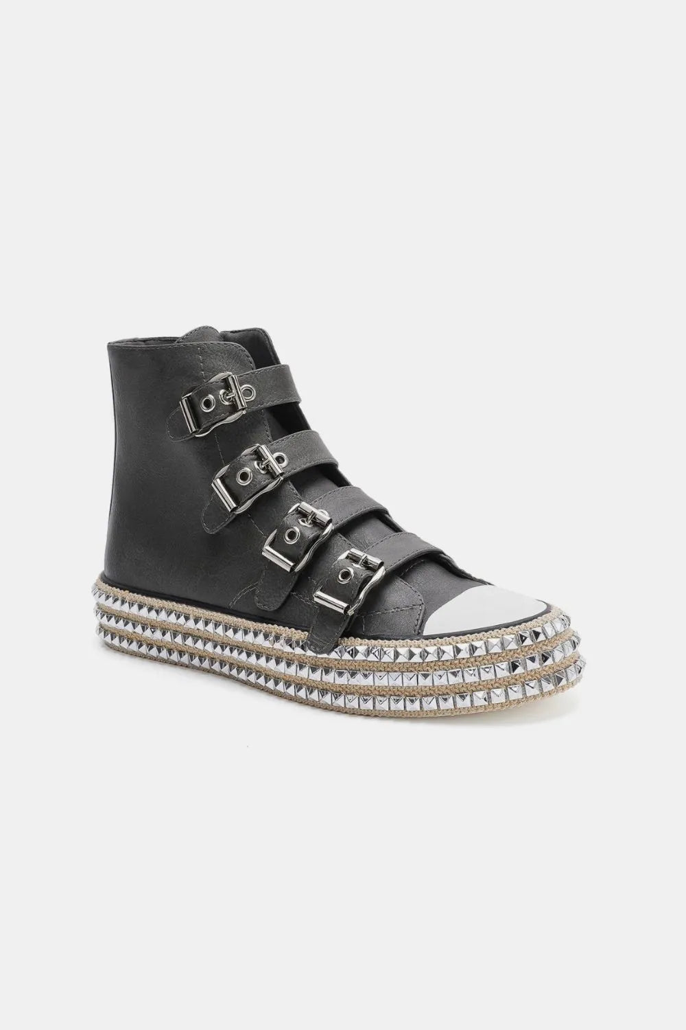 Beast Fashion Multi-Buckle Straps Studded Platform Sneakers - cas7m