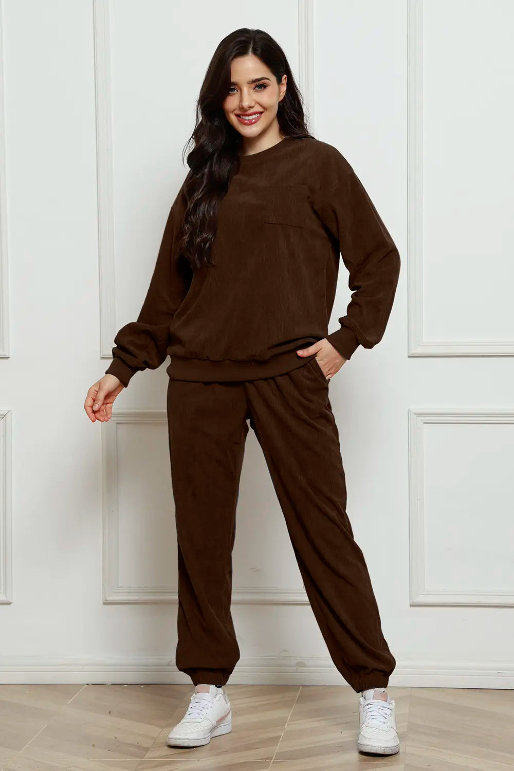 Corduroy Round Neck Sweatshirt and Sweatpants Set - cas7m