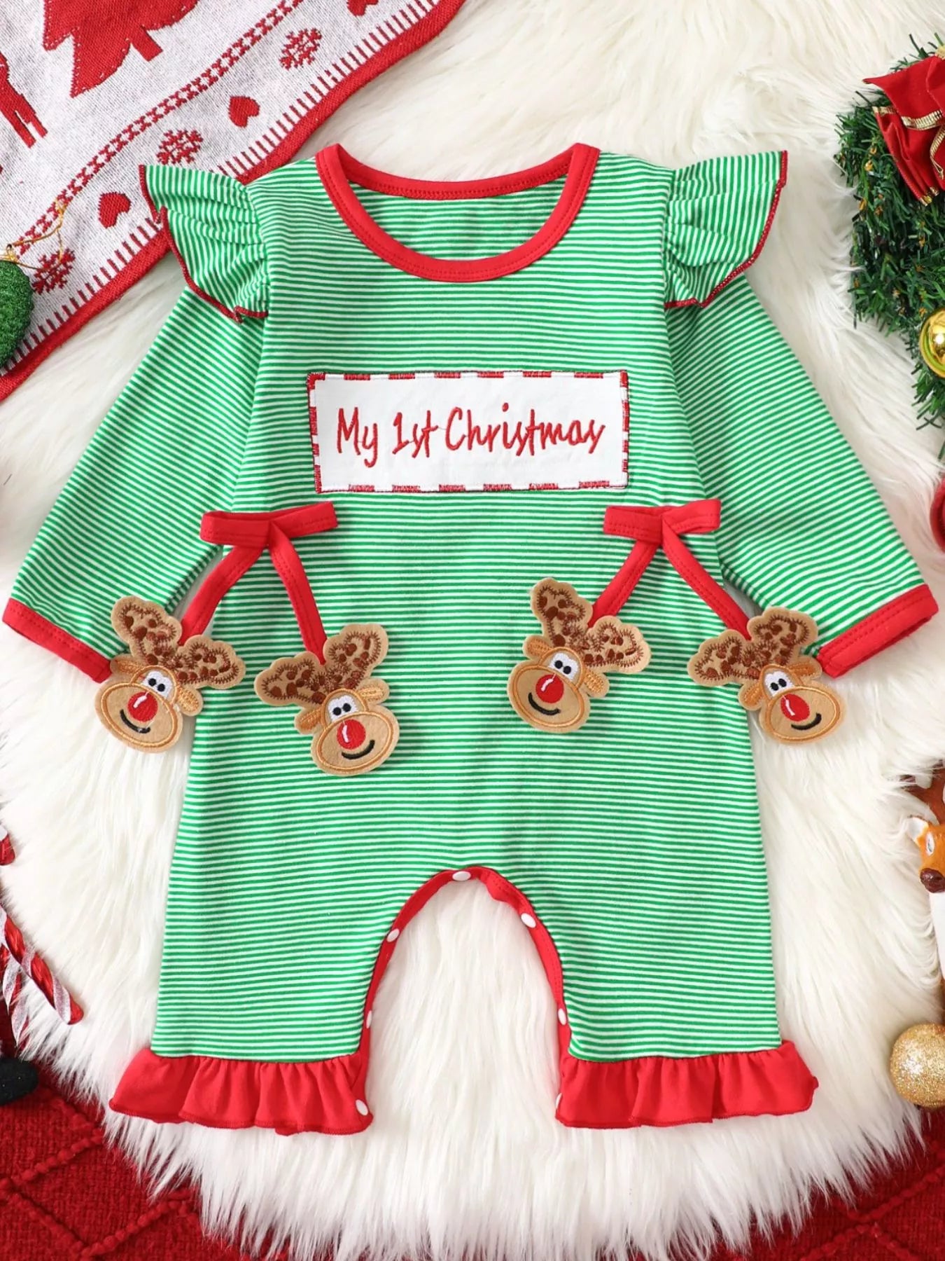 Children's Christmas-Themed Striped Snapped Legs Jumpsuit - cas7m