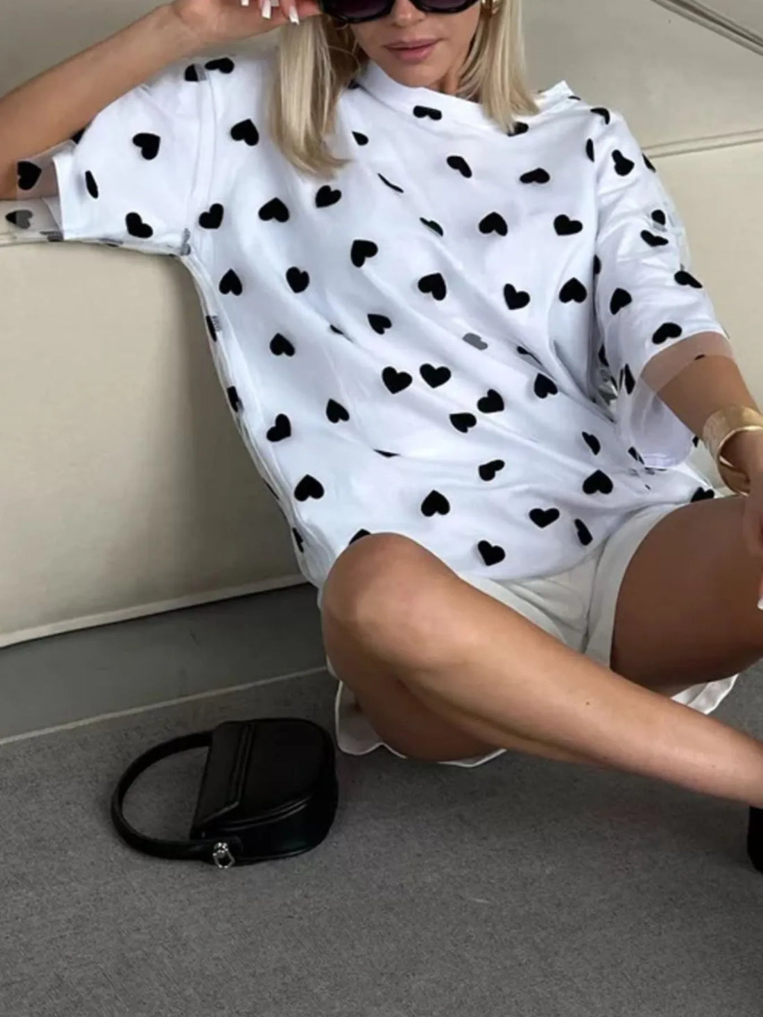 Heart Print Oversized T-Shirt - cas7m