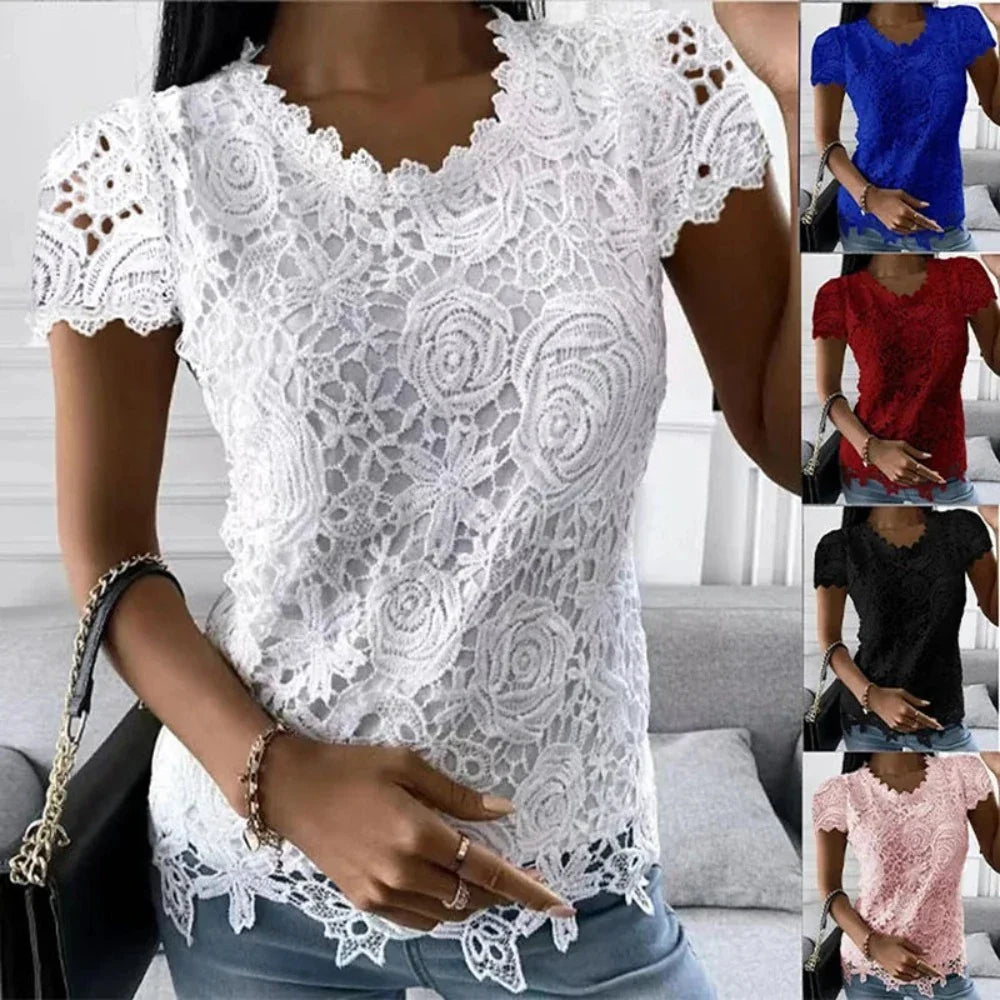 Womens Summer Short Sleeve Lace Top - cas7m