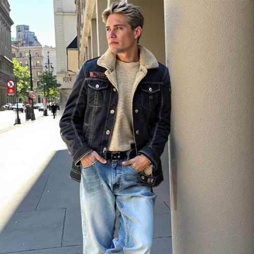Mens Denim Jean Jacket in Black with Inner Faux Fur - cas7m
