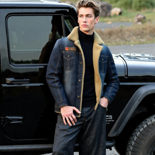 Mens Denim Jean Jacket in Black with Inner Faux Fur - cas7m