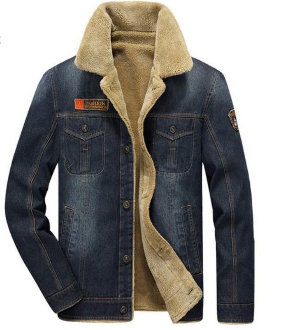 Mens Denim Jean Jacket in Black with Inner Faux Fur - cas7m