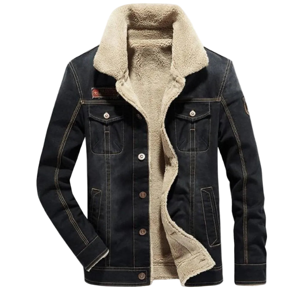 Mens Denim Jean Jacket in Black with Inner Faux Fur - cas7m