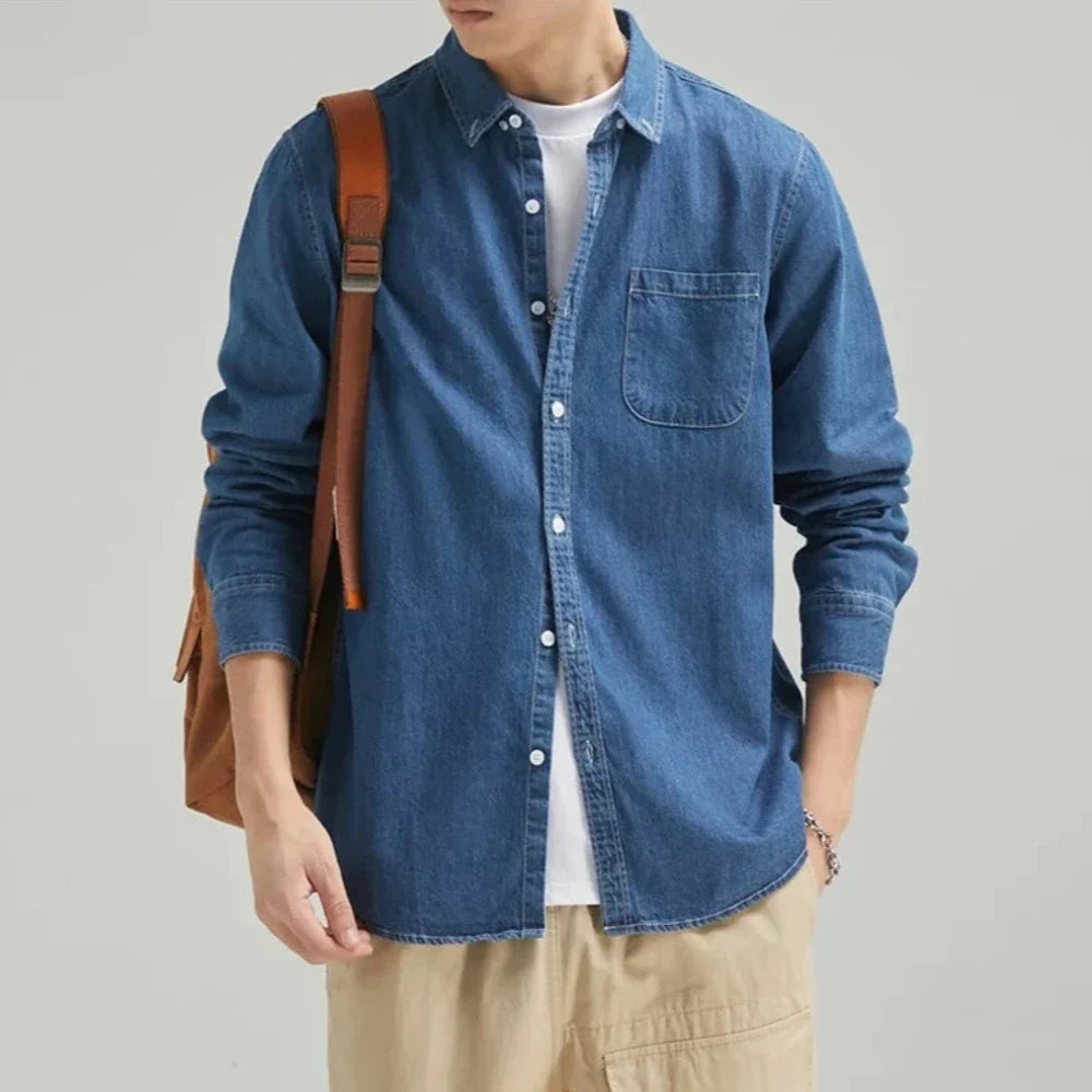 Mens Long Sleeve Single Pocket Denim Shirt - cas7m