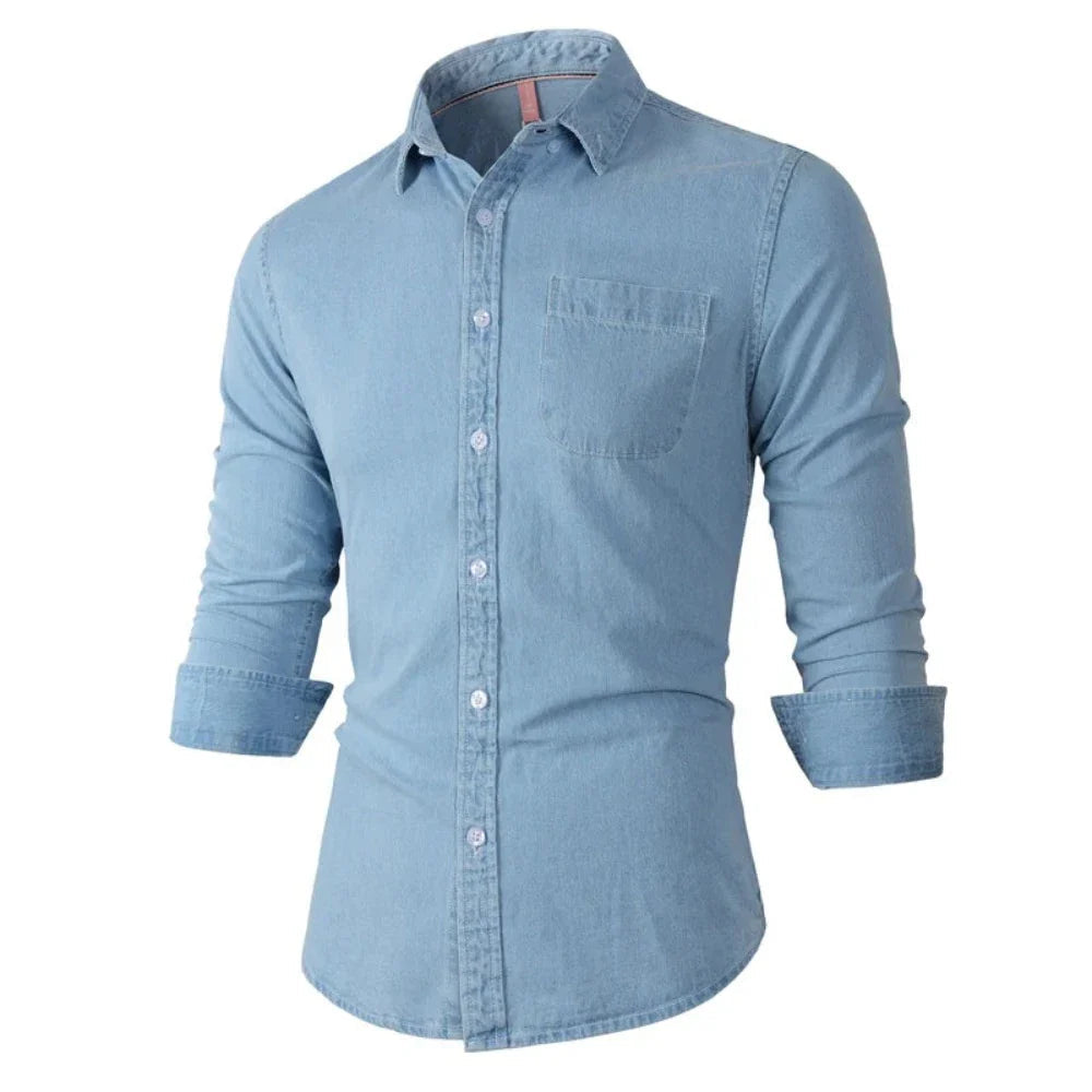 Mens Long Sleeve Single Pocket Denim Shirt - cas7m