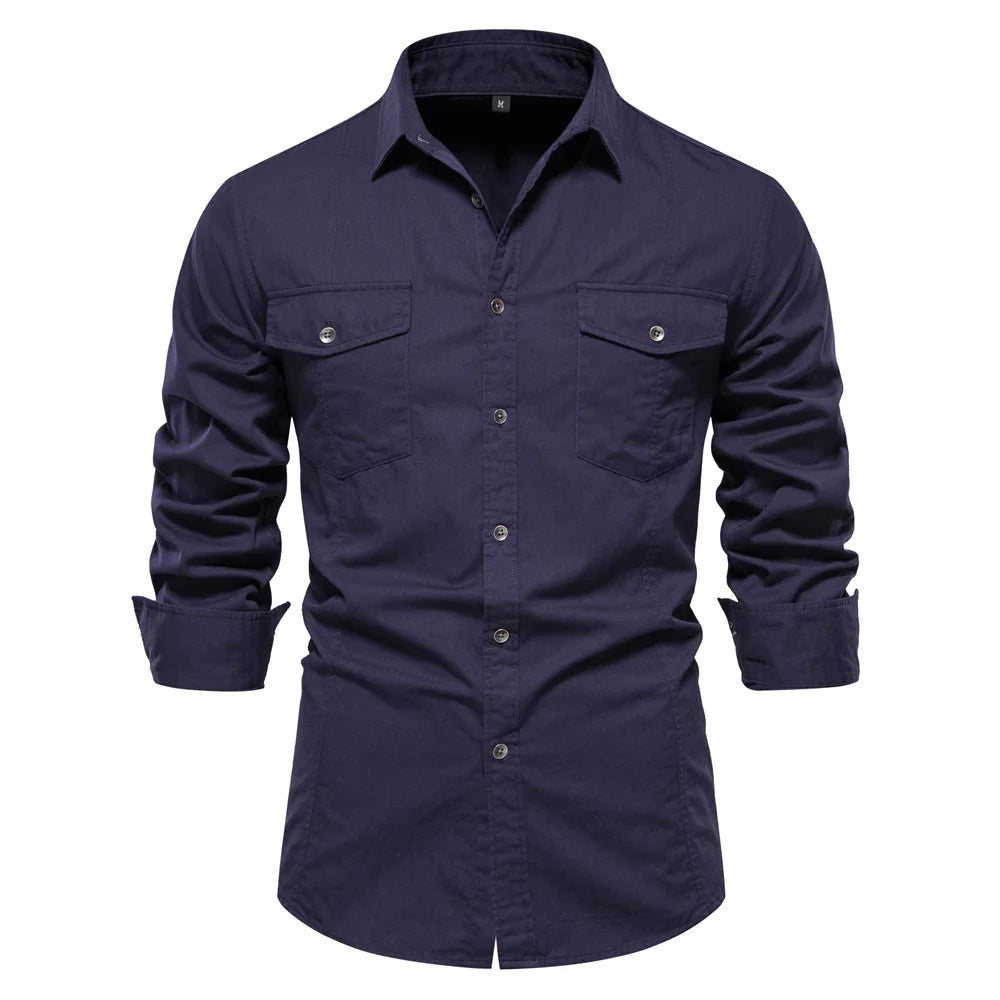 Mens Long Sleeve Dual Pockets Military Shirt - cas7m