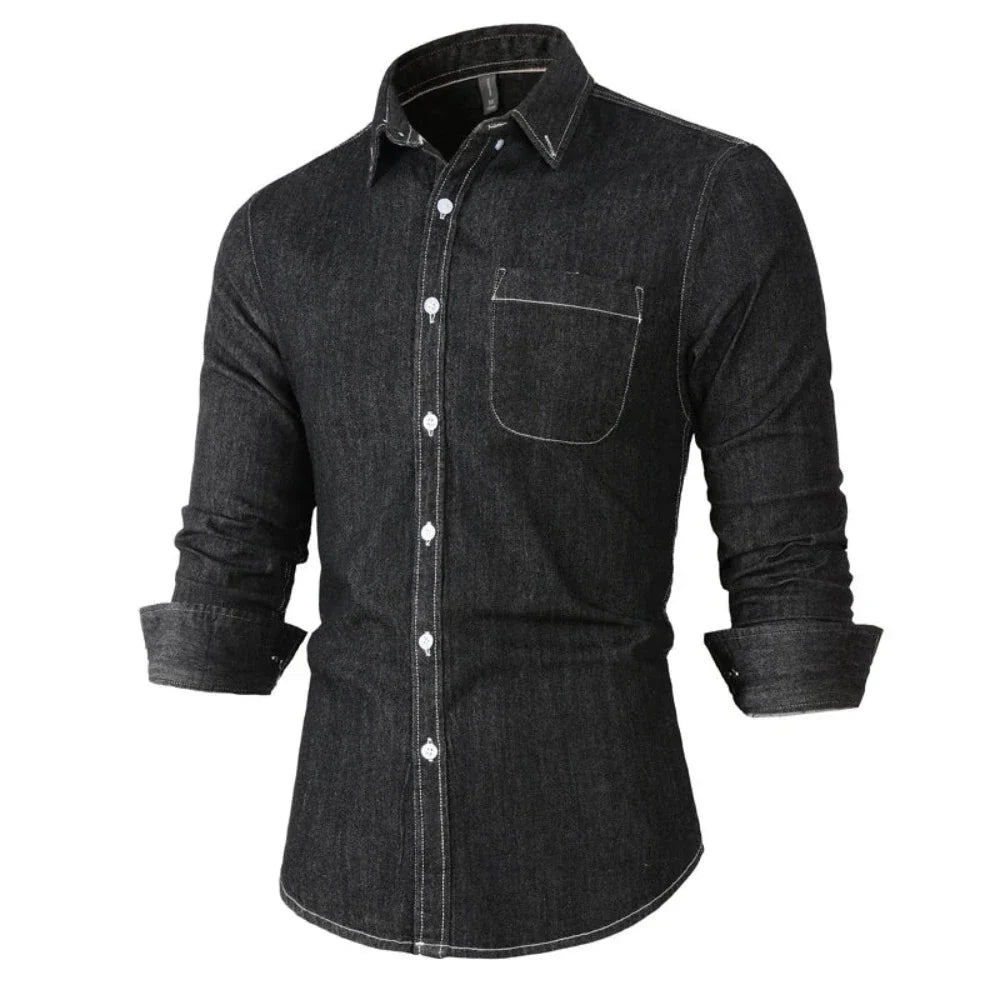 Mens Long Sleeve Single Pocket Denim Shirt - cas7m