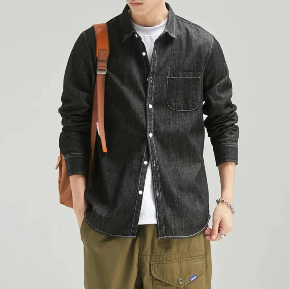 Mens Long Sleeve Single Pocket Denim Shirt - cas7m