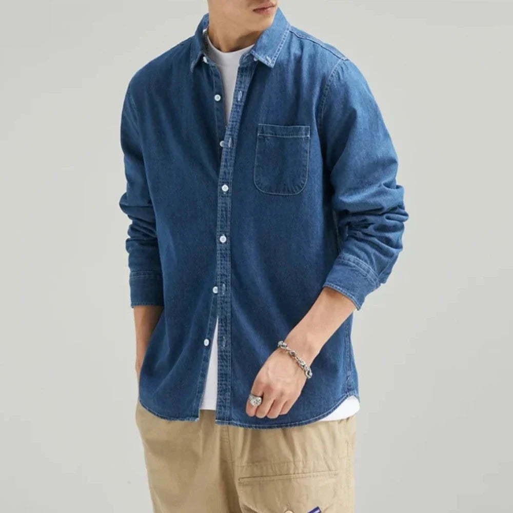 Mens Long Sleeve Single Pocket Denim Shirt - cas7m