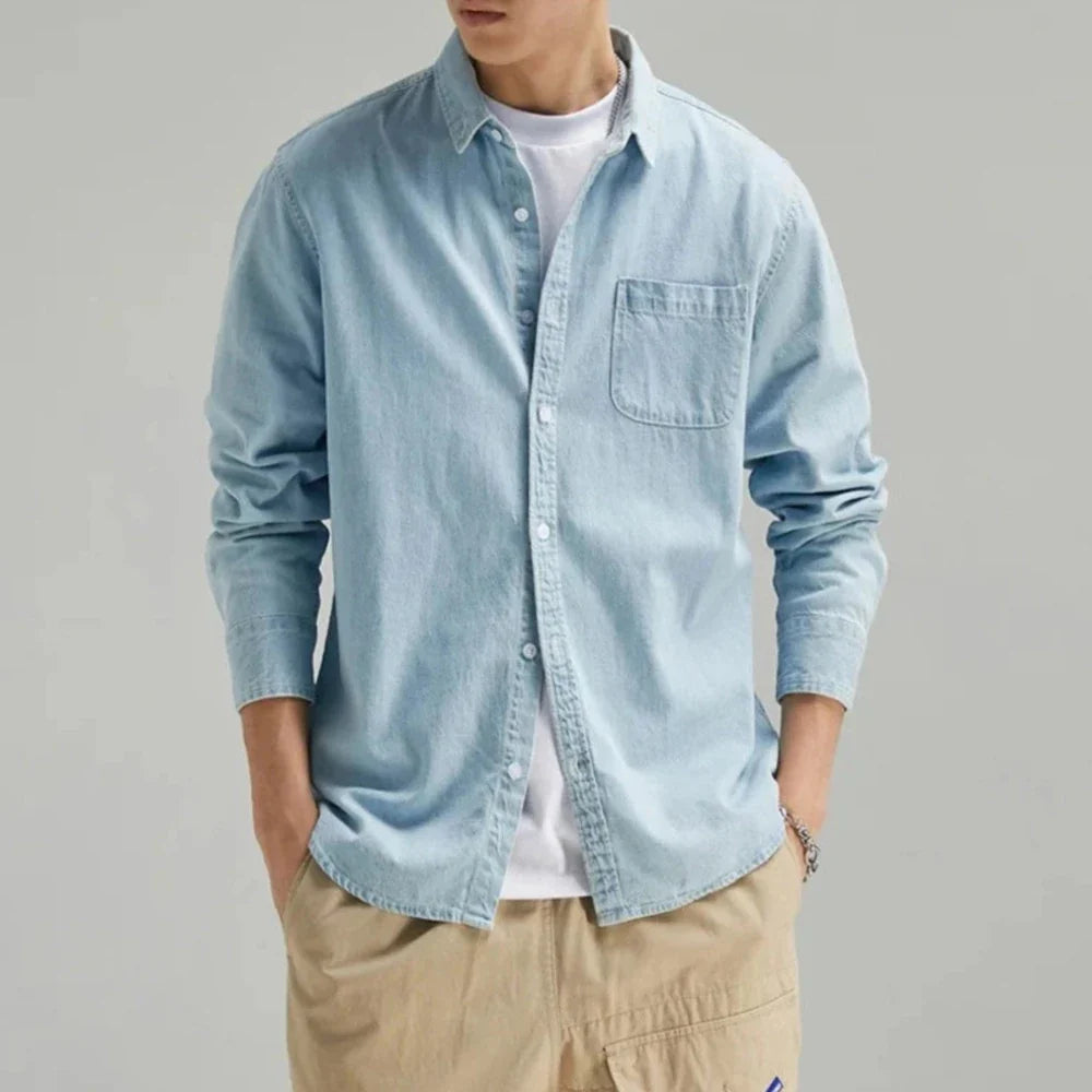Mens Long Sleeve Single Pocket Denim Shirt - cas7m