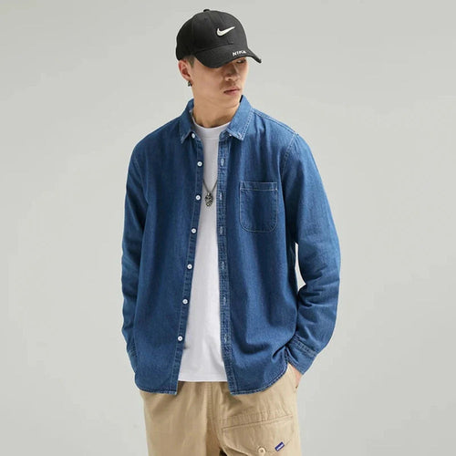Mens Long Sleeve Single Pocket Denim Shirt - cas7m